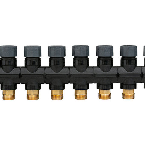 Hakatherm SkyFlow osztó - gyűjtő átfolyásmérő + komplett végelem 7 kör 1" - 3/4" EUROKÓNUSZ műanyag Hakatherm SkyFlow osztó - gyűjtő átfolyásmérő + komplett végelem 7 kör 1" - 3/4" EUROKÓNUSZ műanyag