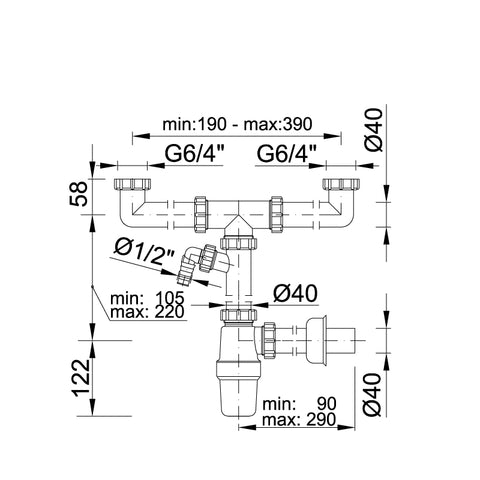 Styron mosogató szifon kétmedencés leeresztőszelep nélkül + mosógép csatlakozó Styron mosogató szifon kétmedencés leeresztőszelep nélkül + mosógép csatlakozó