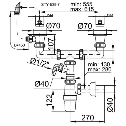Styron mosogató szifon II med.+túlfoly. + mosogatógép csatl. Styron mosogató szifon II med.+túlfoly. + mosogatógép csatl.