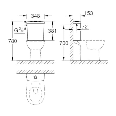 Grohe Bau Ceramic öblítőtartály monoblokkos WC csészéhez, oldalsó bekötési pont(39428, 39429, 39349)