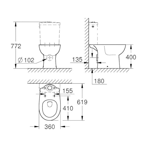 Grohe Bau Ceramic WC csésze, álló, monoblokkos, mély öblítéses, félig zárt perem, falhoz szerelhető