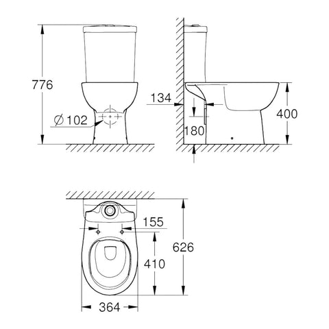 Grohe Bau Ceramic WC csésze, álló, monoblokkos, mély öblítéses, hátsós, perem nélküli, falhoz szer.