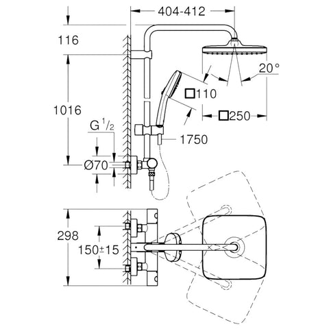 Grohe Tempesta System 250 Cube Termosztátos zuhanyrendszer, Tempesta 250 Cube fejzuhany, matt fekete