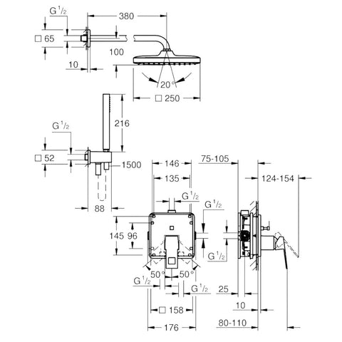 Grohe Eurocube rejtett zuhanyrendszer, Tempesta 250 Cube fejzuhany