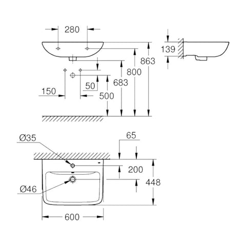 Grohe BauEdge Ceramic mosdókagyló, 600 x 448 mm