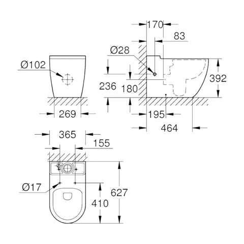 Grohe Bau Ceramic WC csésze, álló, monoblokkos, mély öblítéses, perem nélküli, falhoz szerelhető