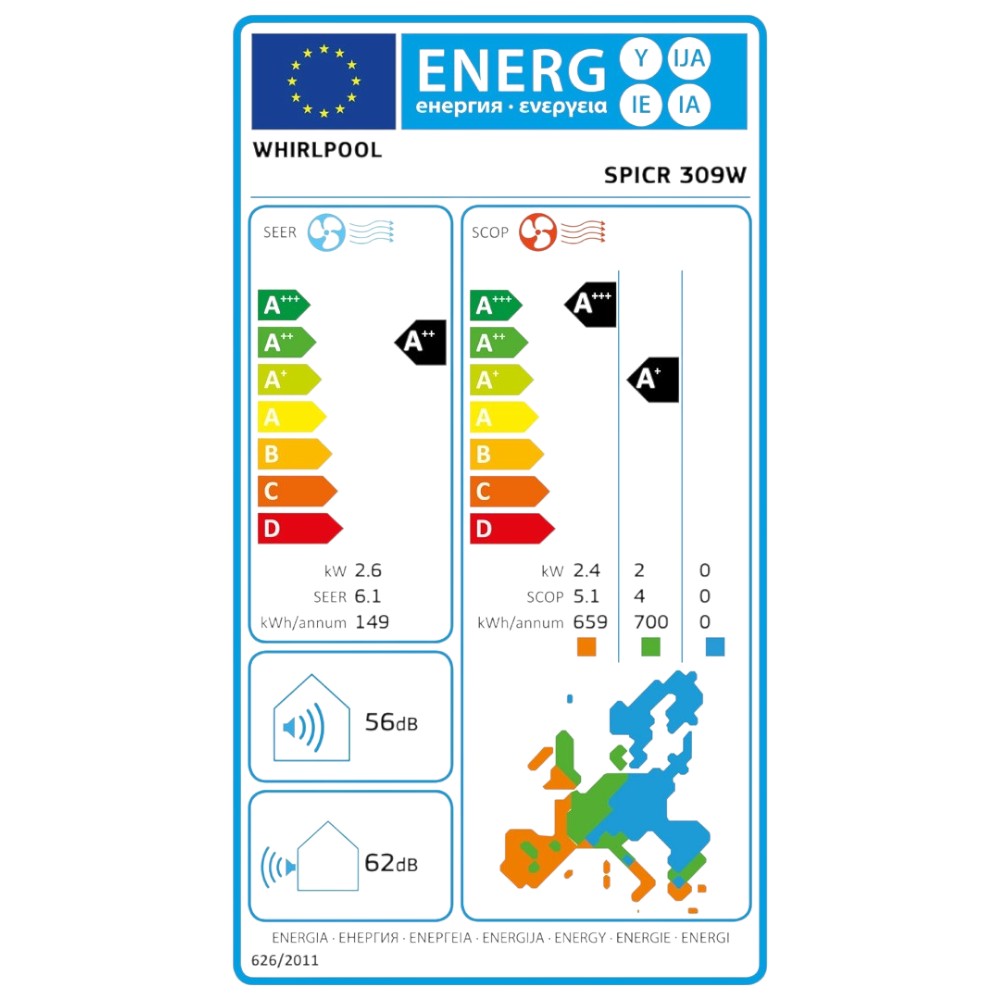 Whirlpool SPICR 309W mono split klíma szett 2.6 kW (A++) - Energiacímke.