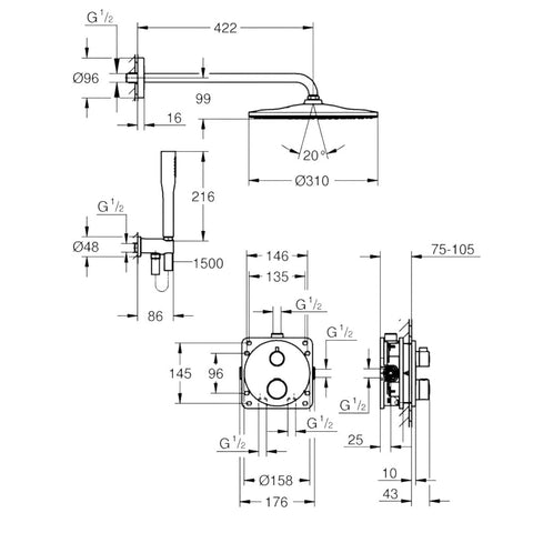 Grohe Grohtherm rejtett zuhanyrendszer, Rainshower Mono 310 fejzuhany készlet