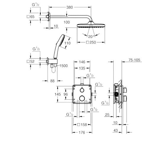 Grohe Grohtherm rejtett zuhanyrendszer, Tempesta 250 Cube fejzuhany