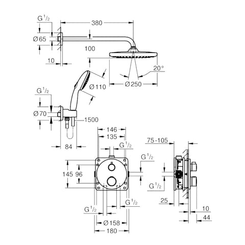 Grohe Grohtherm rejtett zuhanyrendszer, Tempesta 250 fejzuhany