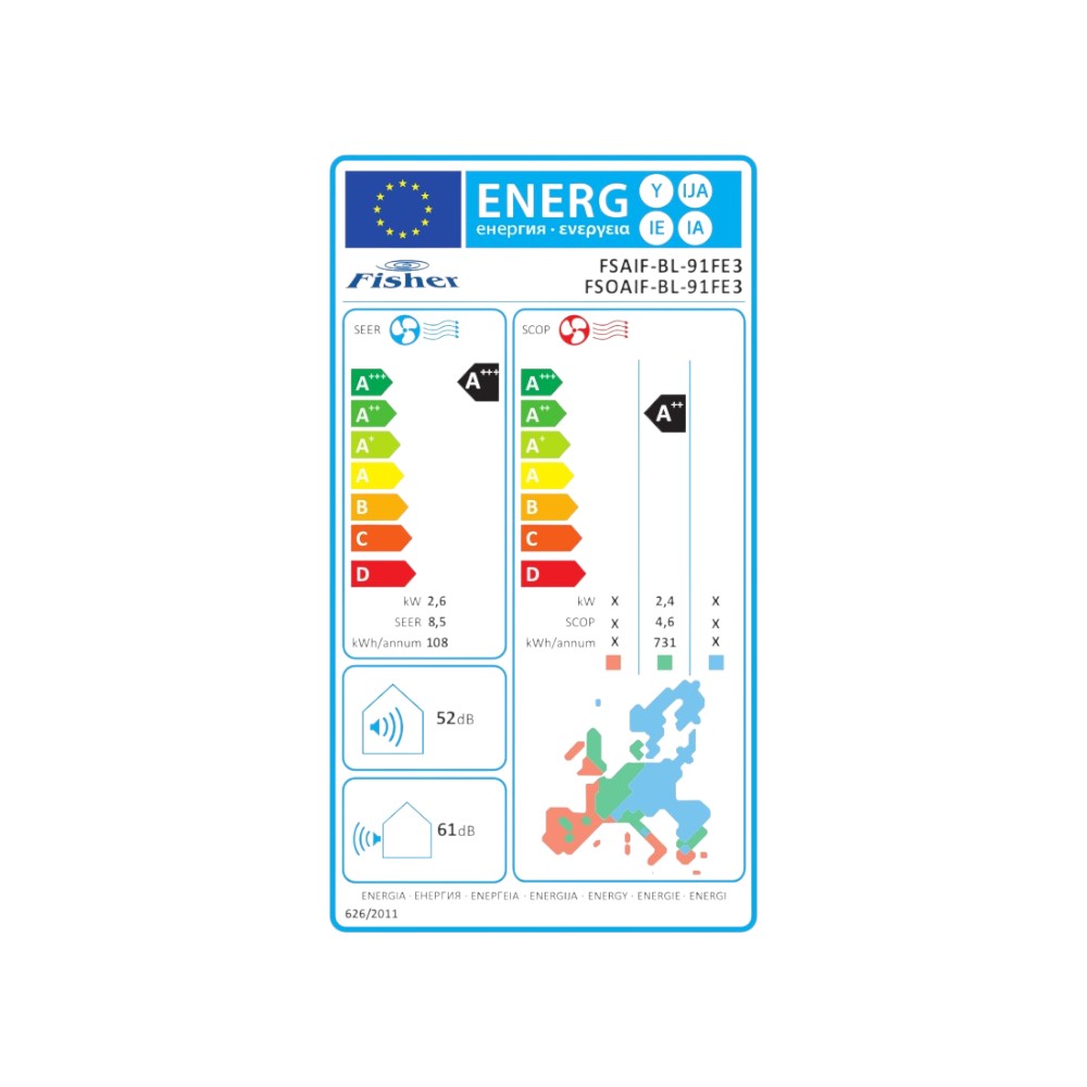Fisher Black 2,61 kW oldalfali split klíma - Energiacímke.