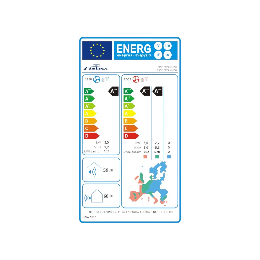 Fisher Nordic 3,5 kW inverteres split klíma - Energiacímke.