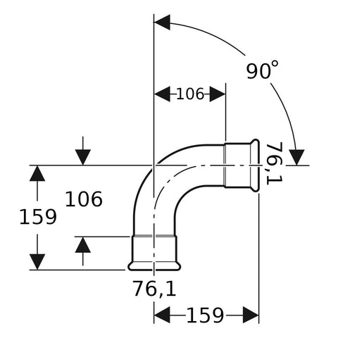 Geberit Mapress Therm Inox acél könyök, 90°-os, BB, d76.1, ivóvízhez nem alkalmas 1.4301