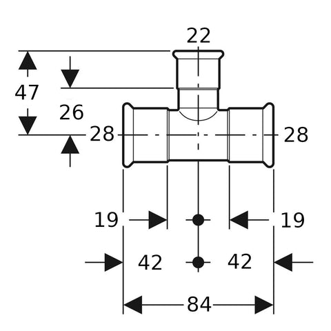 Geberit Mapress Therm Inox acél szűkített T-idom, d28/22/28, ivóvízhez nem alkalmas 1.4301