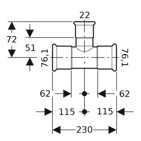 Geberit Mapress Therm Inox acél szűkített T-idom, d76.1/22/76.1, ivóvízhez nem alkalmas 1.4301