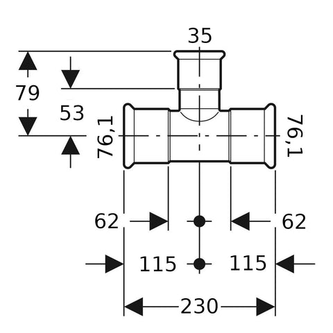Geberit Mapress Therm Inox acél szűkített T-idom, d76.1/35/76.1, ivóvízhez nem alkalmas 1.4301