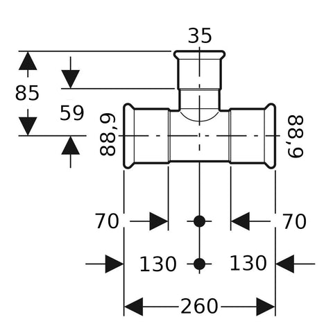 Geberit Mapress Therm Inox acél szűkített T-idom, d/88.9/35/88.9, ivóvízhez nem alkalmas 1.4301