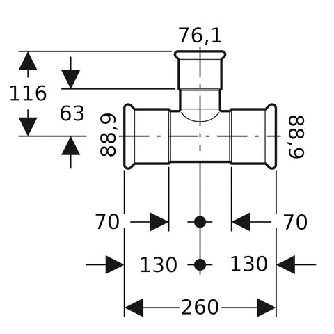 Geberit Mapress Therm Inox acél szűkített T-idom, d88.9/76.1/88.9, ivóvízhez nem alkalmas 1.4301