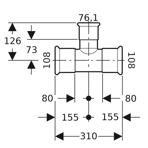 Geberit Mapress Therm Inox acél szűkített T-idom, d108/76.1/108, ivóvízhez nem alkalmas 1.4301