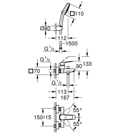 Grohe Cubeo zuhany csaptelep + Tempesta Cube 110 zuhanyszett fali zuhanytartóval