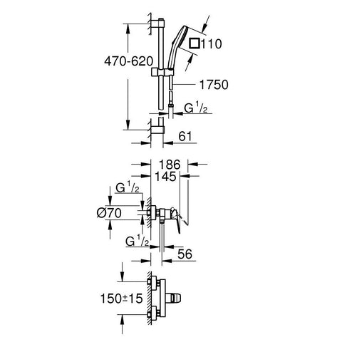 Grohe Cubeo zuhany csaptelep + Tempesta Cube 110 zuhanyszett fali zuhanyrúddal, matt fekete