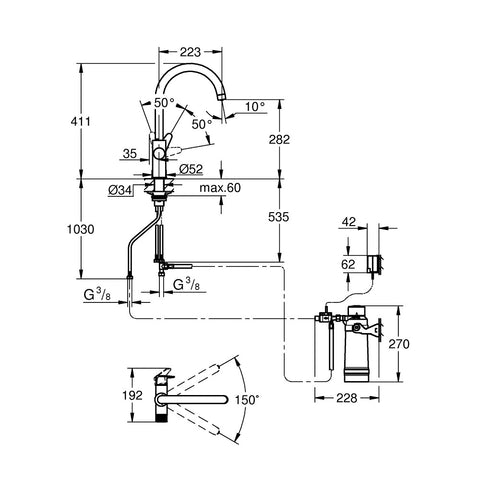 Grohe Blue Pure BauCurve C-kifolyós kezdőkészlet S-es méretű filterrel, króm