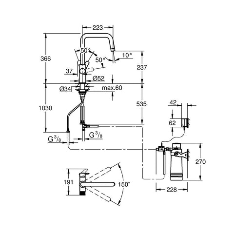 Grohe Blue Pure Eurosmart U-kifolyós kezdőkészlet S-es méretű filterrel, króm