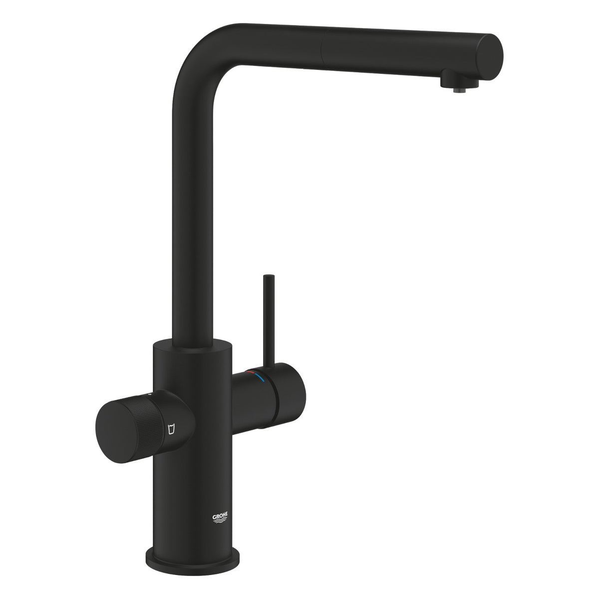 Grohe Blue Pure Minta L-kifolyós vízszűrős csaptelep kihúzható fejjel, szín: phantom black