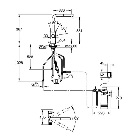 Grohe Blue Pure Minta L-kifolyós kezdőkészlet S-es méretű filterrel, kihúzható fejjel, króm