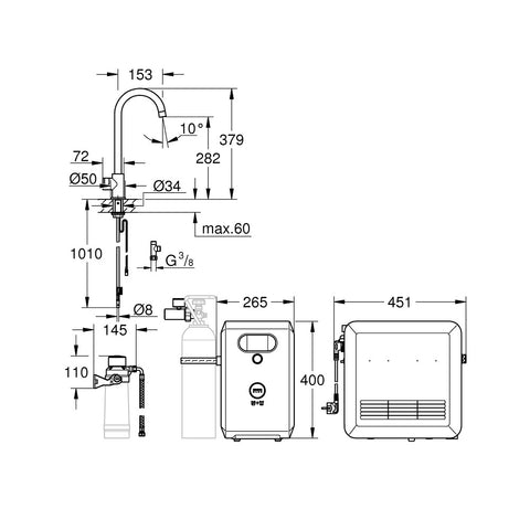 Grohe Blue Professional C-kifolyós kezdőkészlet Mono csapteleppel, szín: SuperSteel