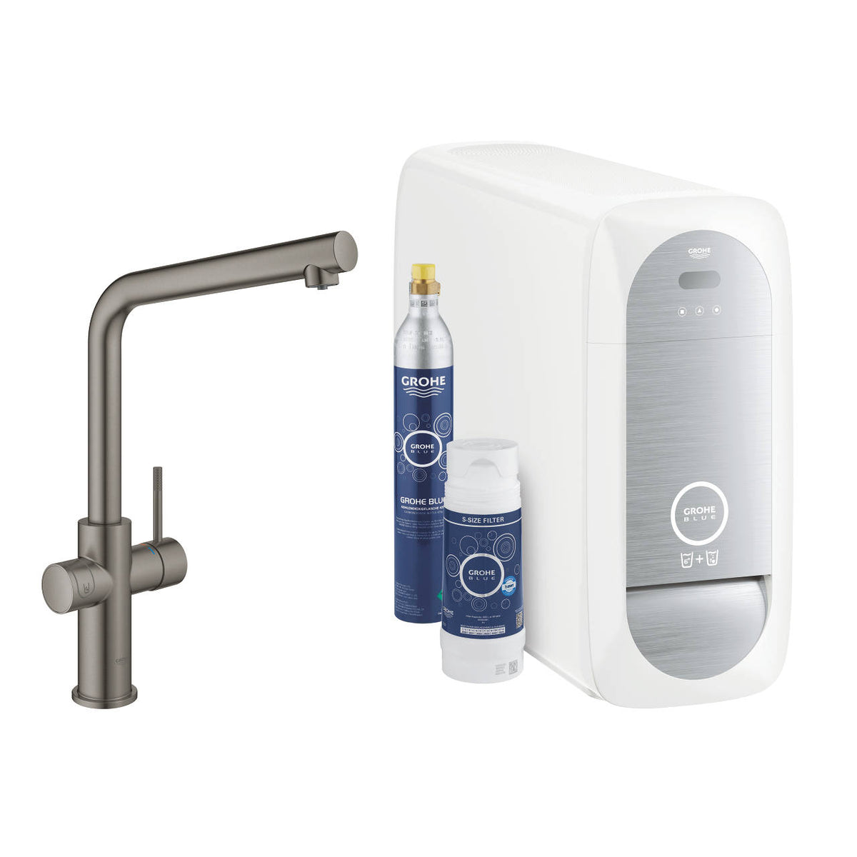 Grohe Blue Home L-kifolyós kezdőkészlet S-es méretű filterrel, Brushed Hard Graphite