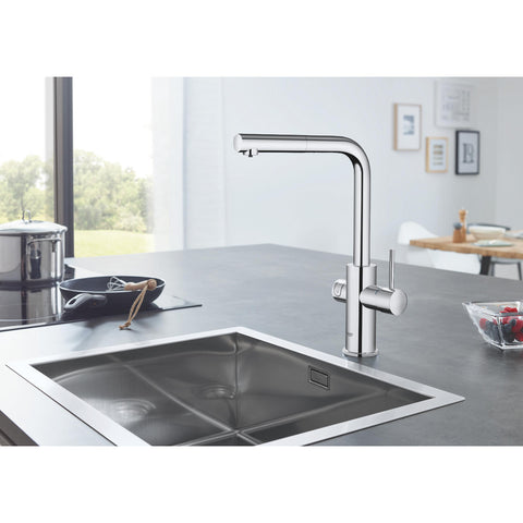 Grohe Blue Home L-kifolyós kezdőkészlet S-es méretű filterrel, kihúzható fejjel, króm