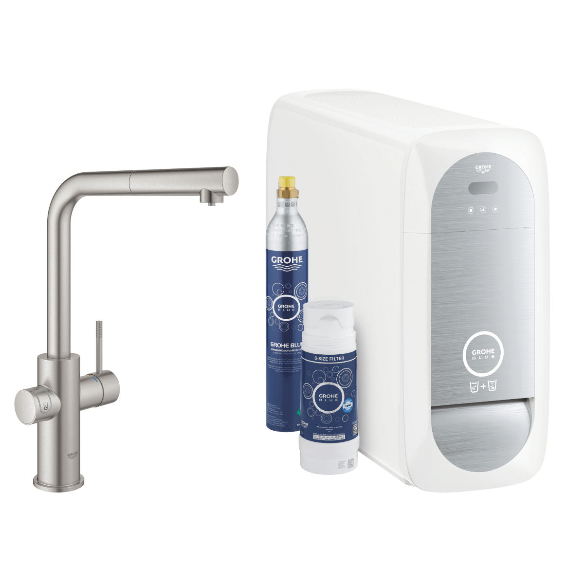 Grohe Blue Home L-kifolyós kezdőkészlet S-es méretű filterrel, kihúzható fejjel, szín: SuperSteel