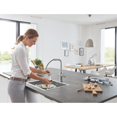 Grohe Blue Home L-kifolyós kezdőkészlet S-es méretű filterrel, kihúzható fejjel, szín: SuperSteel