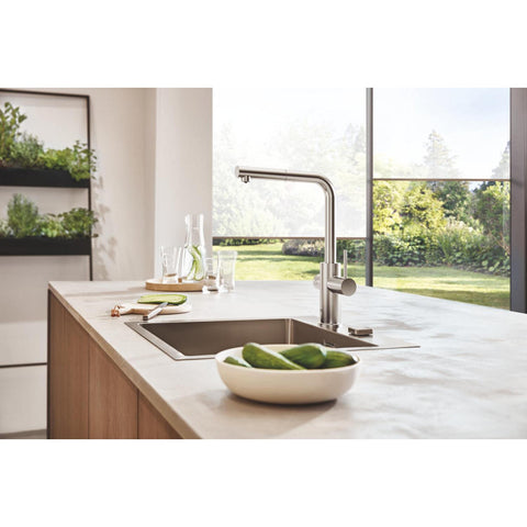 Grohe Blue Home L-kifolyós kezdőkészlet S-es méretű filterrel, kihúzható fejjel, szín: SuperSteel