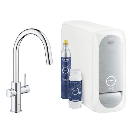 Grohe Blue Home C-kifolyós kezdőkészlet S-es méretű filterrel, kihúzható fejjel, króm