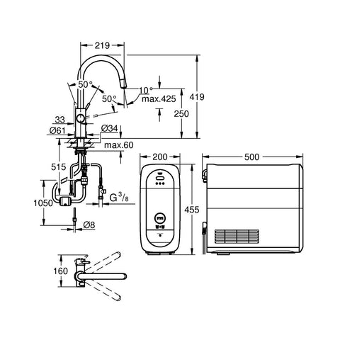 Grohe Blue Home C-kifolyós kezdőkészlet S-es méretű filterrel, kihúzható fejjel, króm