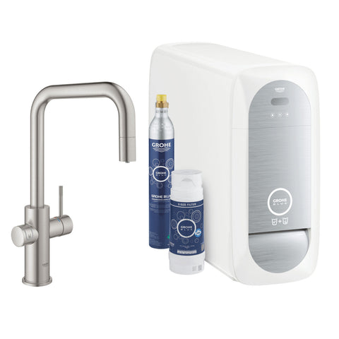 Grohe Blue Home U-kifolyós kezdőkészlet S-es méretű filterrel, kihúzható fejjel, szín: SuperSteel