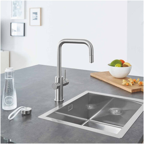 Grohe Blue Home U-kifolyós kezdőkészlet S-es méretű filterrel, kihúzható fejjel, szín: SuperSteel