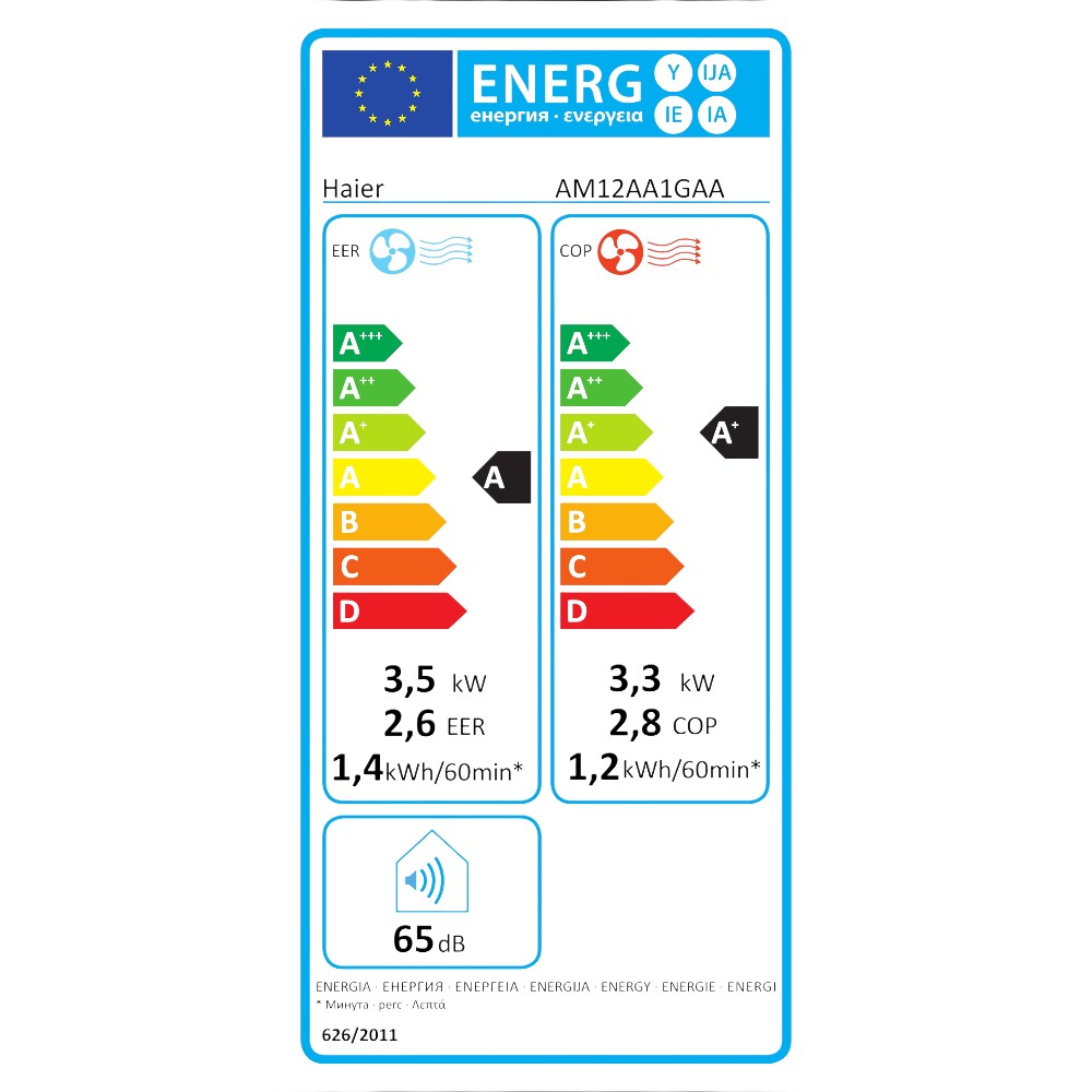 HAIER AM12AA1GAA hűtő-fűtő mobil klíma berendezés R290 3,5 kW - Energia címke.