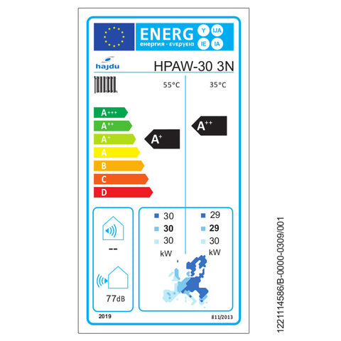 Hajdu HPAW-30 levegő-víz fűtési/hűtési hőszivattyú 30kW, 3fázis, R32