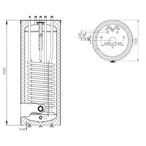 Heizer SR-100 indirekt tároló álló, hengeres forma, 1 hőcserélő, fix szigetelés, 100l