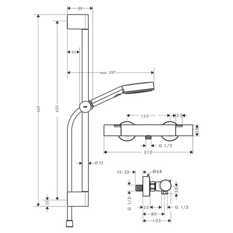 Hansgrohe Pulsify Select S zuhany rendszer termosztátos, 65cm-es zuhanyrúd, matt fekete