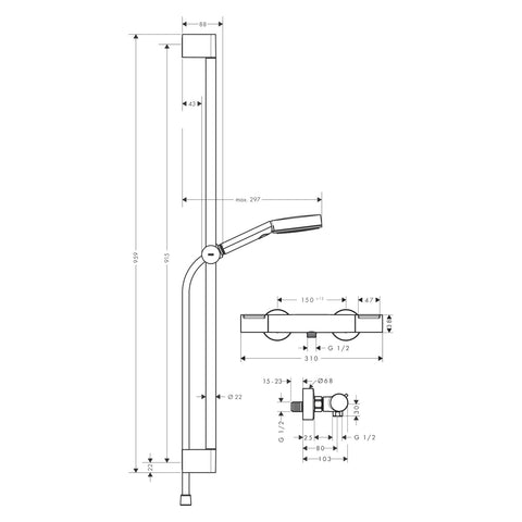 Hansgrohe Pulsify Select S zuhanyrendszer termosztátos, Ecostat Element, 90 cm-es zuhanyrúd matt fekete