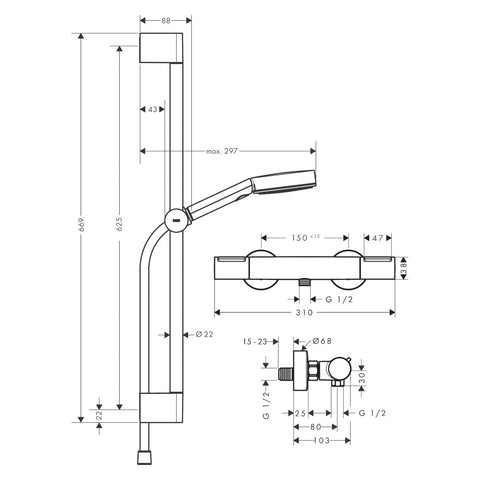 Hansgrohe Pulsify Select S zuhanyrendszer termosztátos, Ecostat Element, 65cm-es zuhanyrúd matt fekete