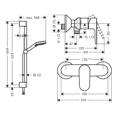 Hansgrohe Vernis Blend zuhanyrendszer, Crometta 65 cm-es zuhanyrúd, króm