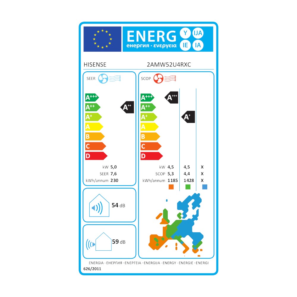 Hisense multi split kültéri egység 5,2 kW - 2 beltérihez R32 (-20C°) - Energiacímke.