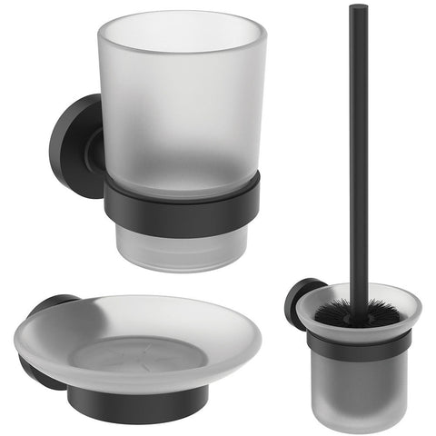 Ideal Standard IOM fürdőszobai kiegészítő készlet: WC kefe + tartó, üvegpohár + tartó, szappantartó