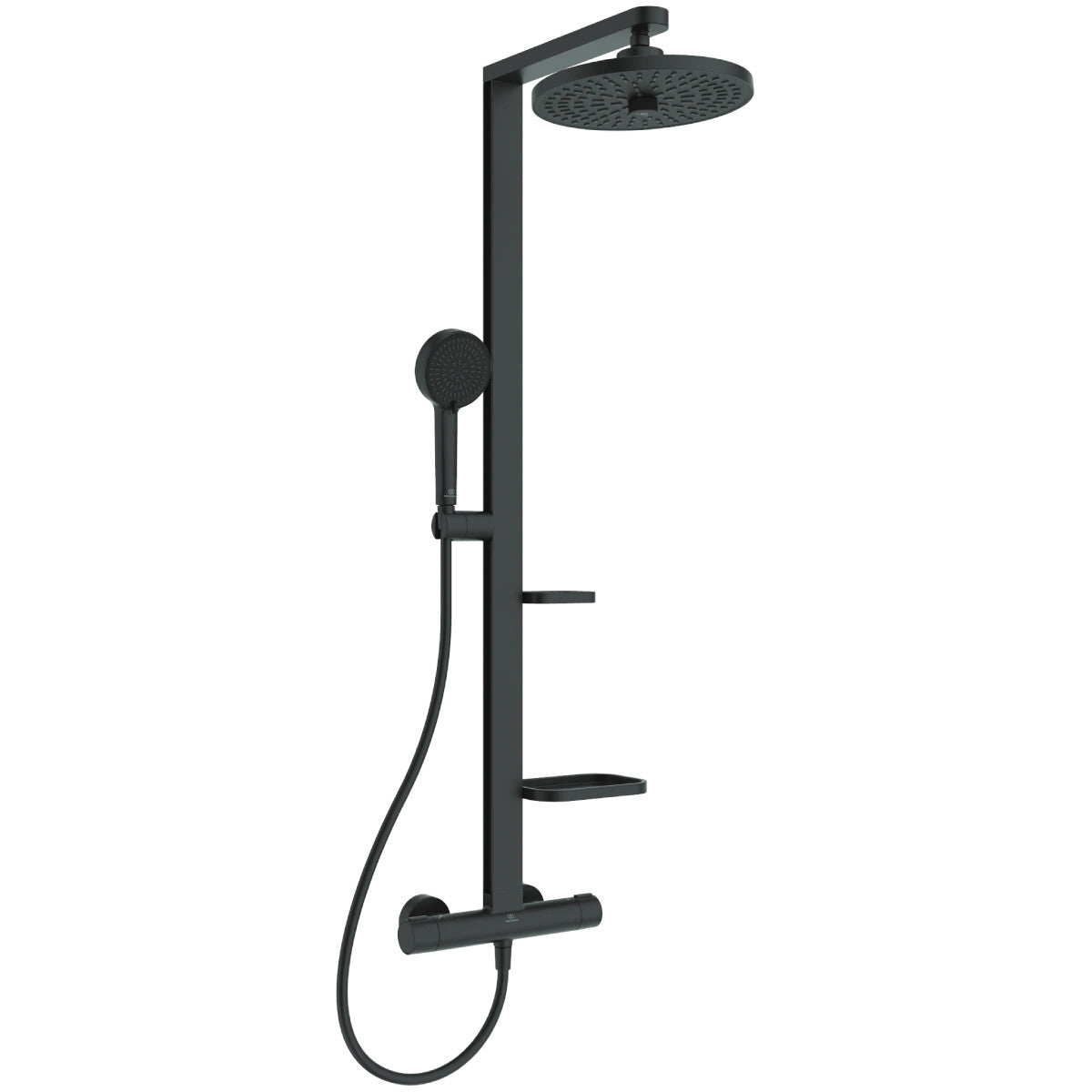 Ideal Standard Alu+ termosztátos zuhanyrendszer, 2 funkciós zuhanyfejjel, 2 polccal, matt fekete