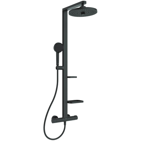 Ideal Standard Alu+ termosztátos zuhanyrendszer, 2 funkciós zuhanyfejjel, 2 polccal, matt fekete